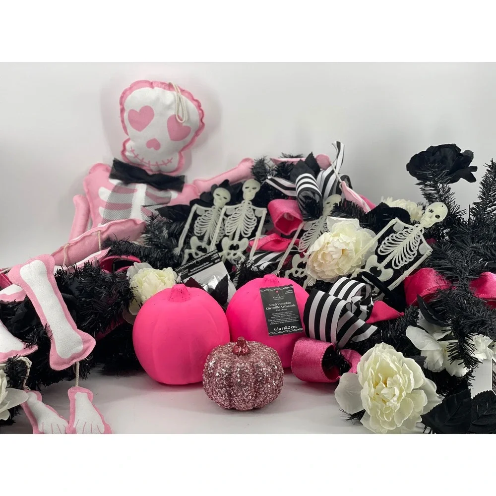 Ashland/Kirland Halloween Decor Bundle Pink Black Garland Pumpkin Skeleton New